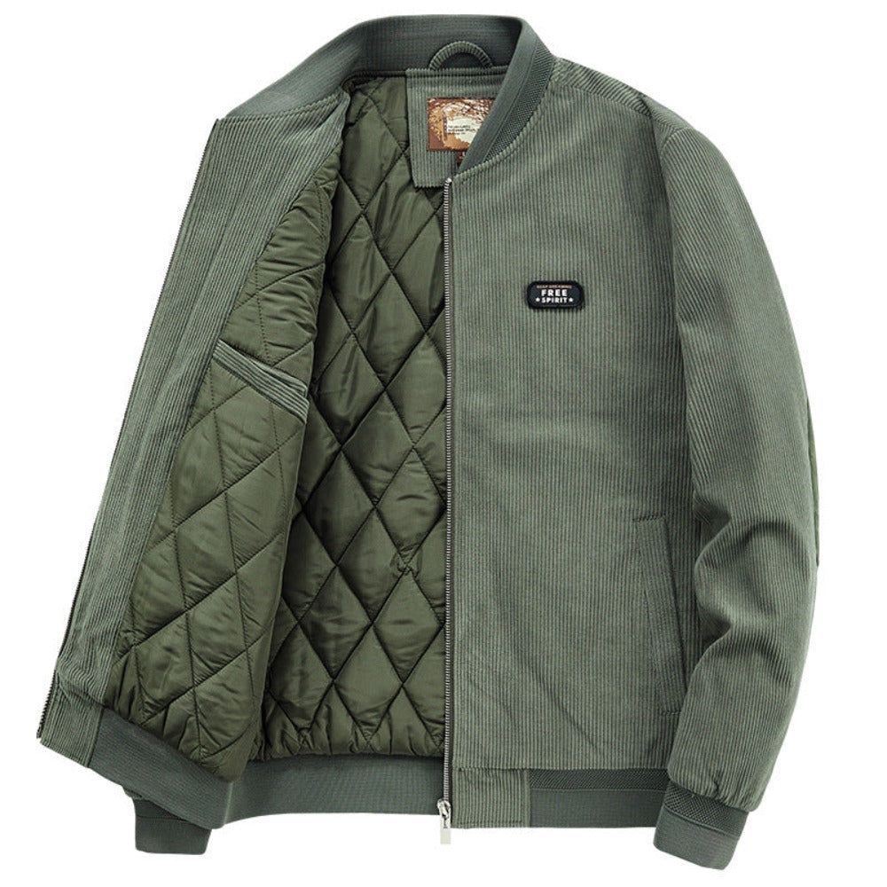 Mens Round Collar Winter Zipped Up Elbow Patch Jacket, Size: S, Color: Green