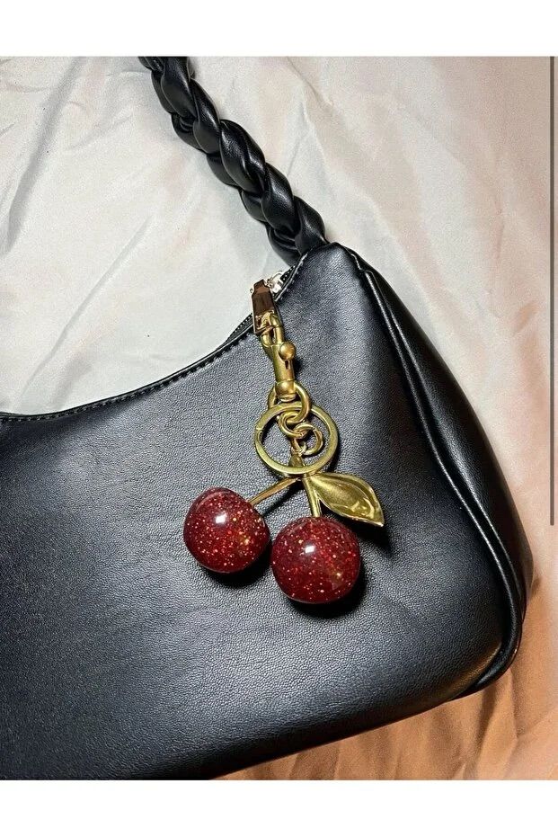 Glitter Cherry Red Bag Charm with Gold Detail Keychain Accessory