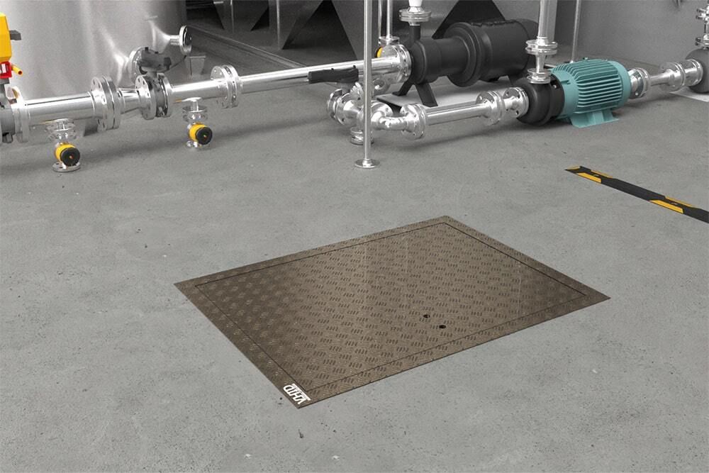 Technical floor hatch made of black steel for premises, with a corrugated steel sheet lid, opening with gas shock absorbers, mod. PANZER