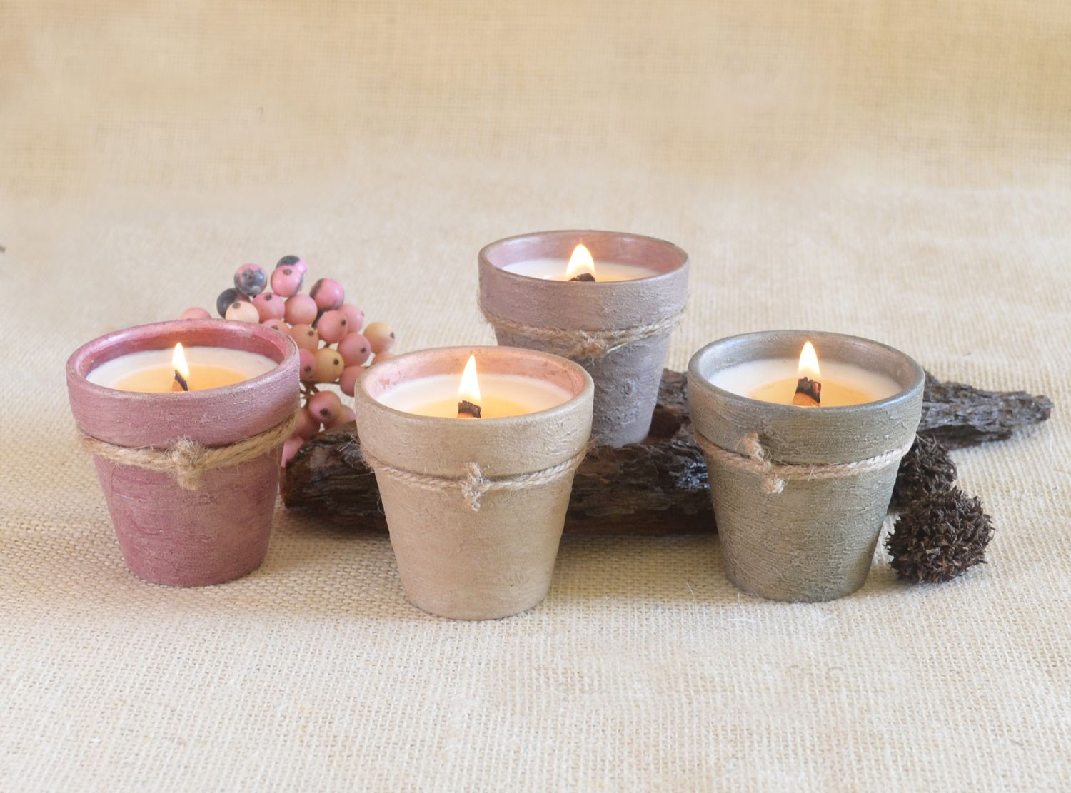 Set of 4 Hand-Painted Terracotta Soy-Coconut Candles, 3 oz. each, available in 13 Fragrances/Colors