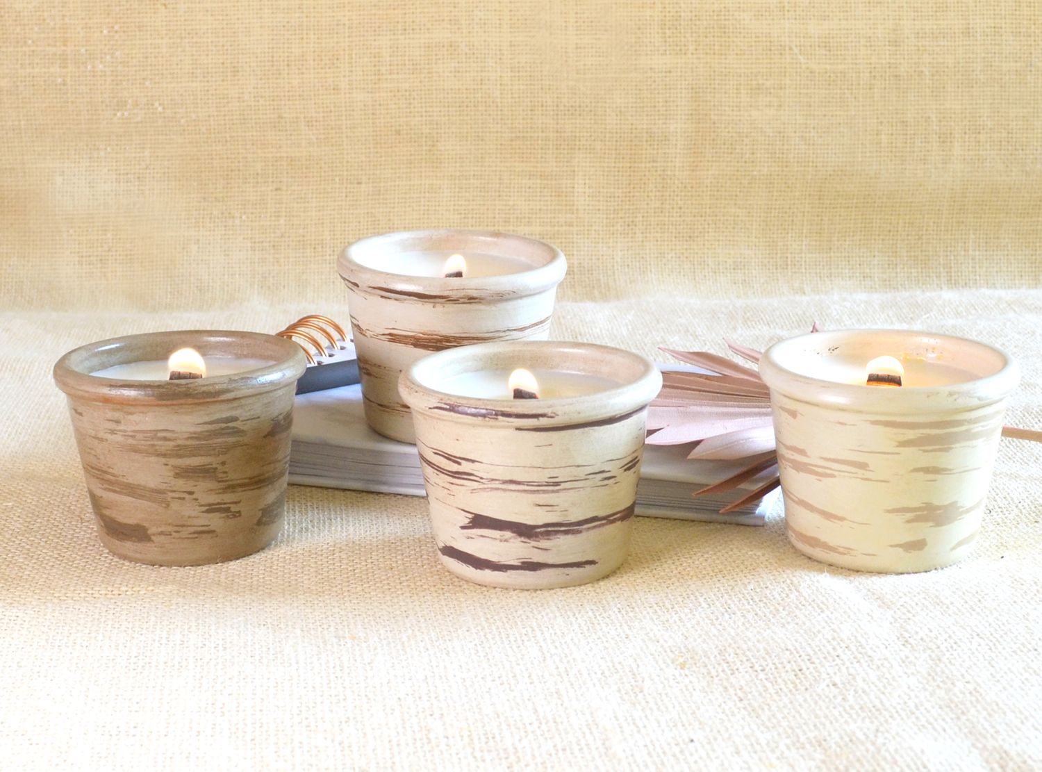Set of 4 Hand-Painted Terracotta Soy-Coconut Candles, 4.5 oz. each, available in 4 Fragrances/Colors