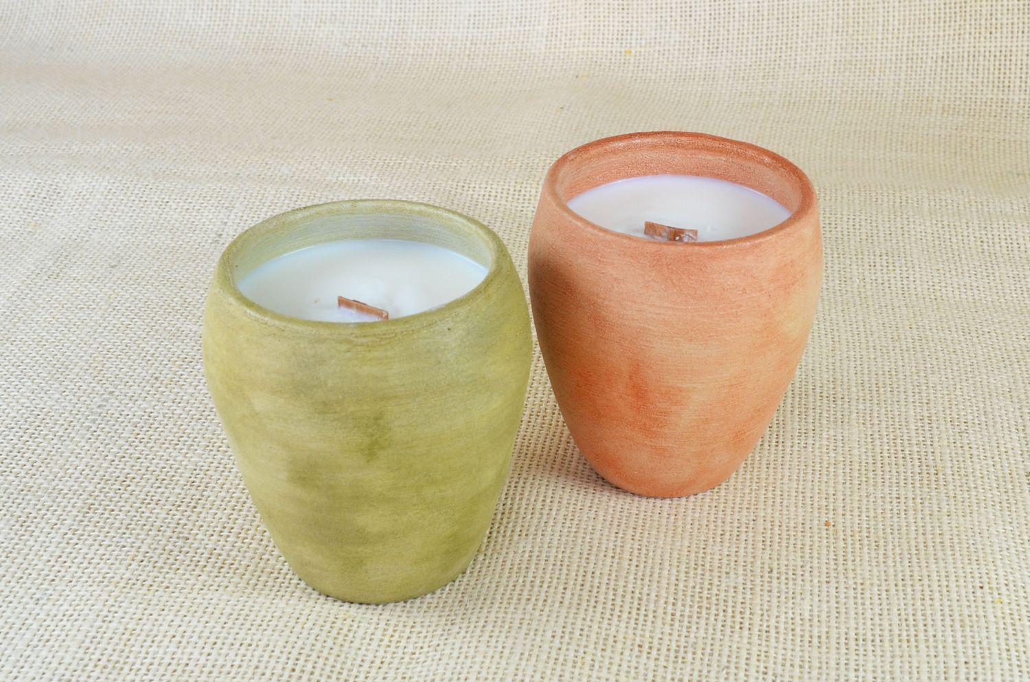 Set of 2 Hand-Painted Terracotta Soy-Coconut Candles, 8 oz. each, available in 3 Fragrances/Colors.