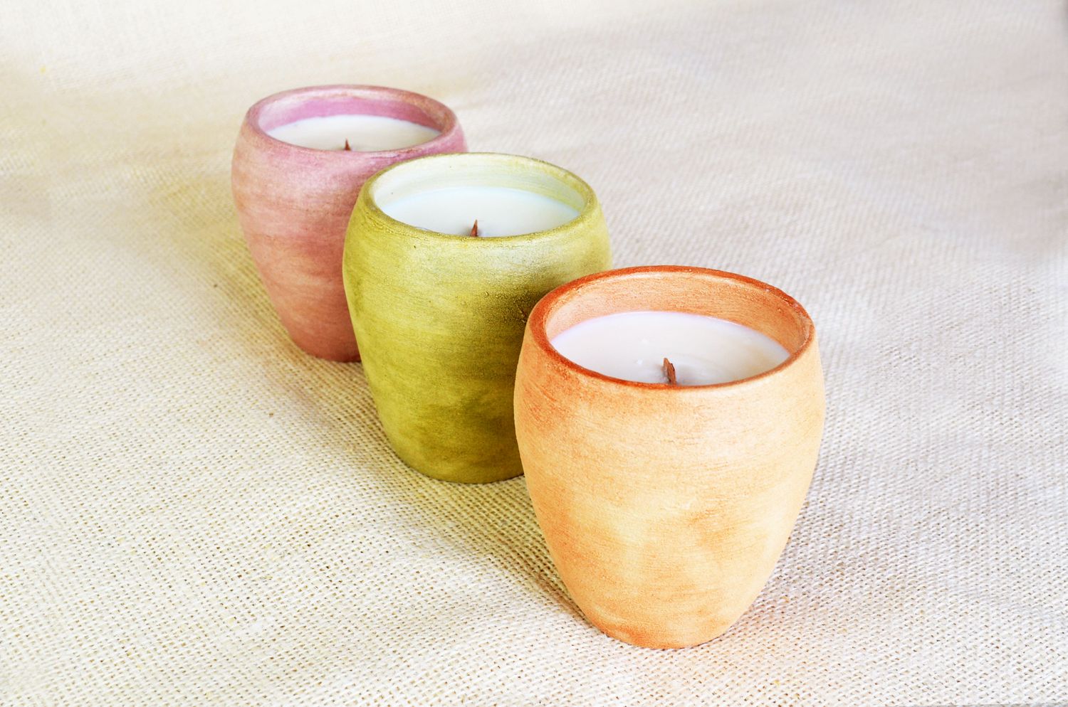 Set of 3 Hand-Painted Terracotta Soy-Coconut Candles, 8 oz. each, available in 3 Fragrances/Colors.