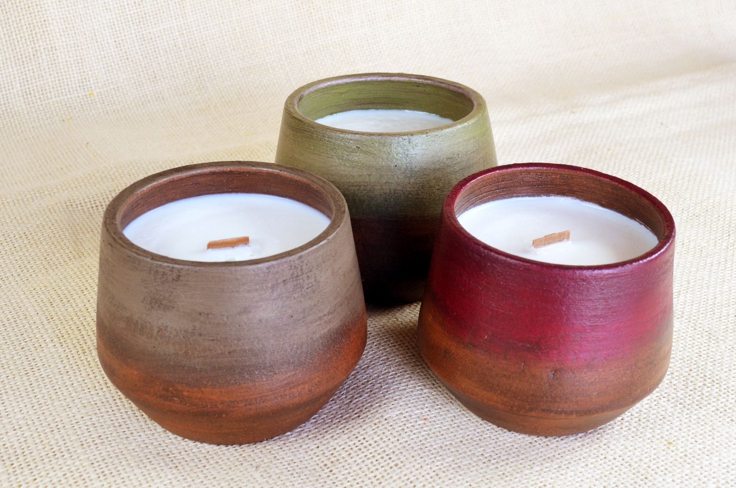 Set of 3 Hand-Painted Terracotta Soy-Coconut Candles, 13 oz. each, available in 3 Fragrances/Colors