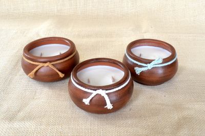 Set of 3 Hand-Painted Terracotta Soy-Coconut Candles, 7.5 oz. each, available in 3 Fragrances/Colors.
