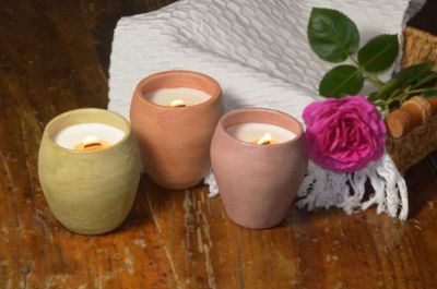 Set of 3 Hand-Painted Terracotta Soy-Coconut Candles, 8 oz. each, available in 3 Fragrances/Colors.