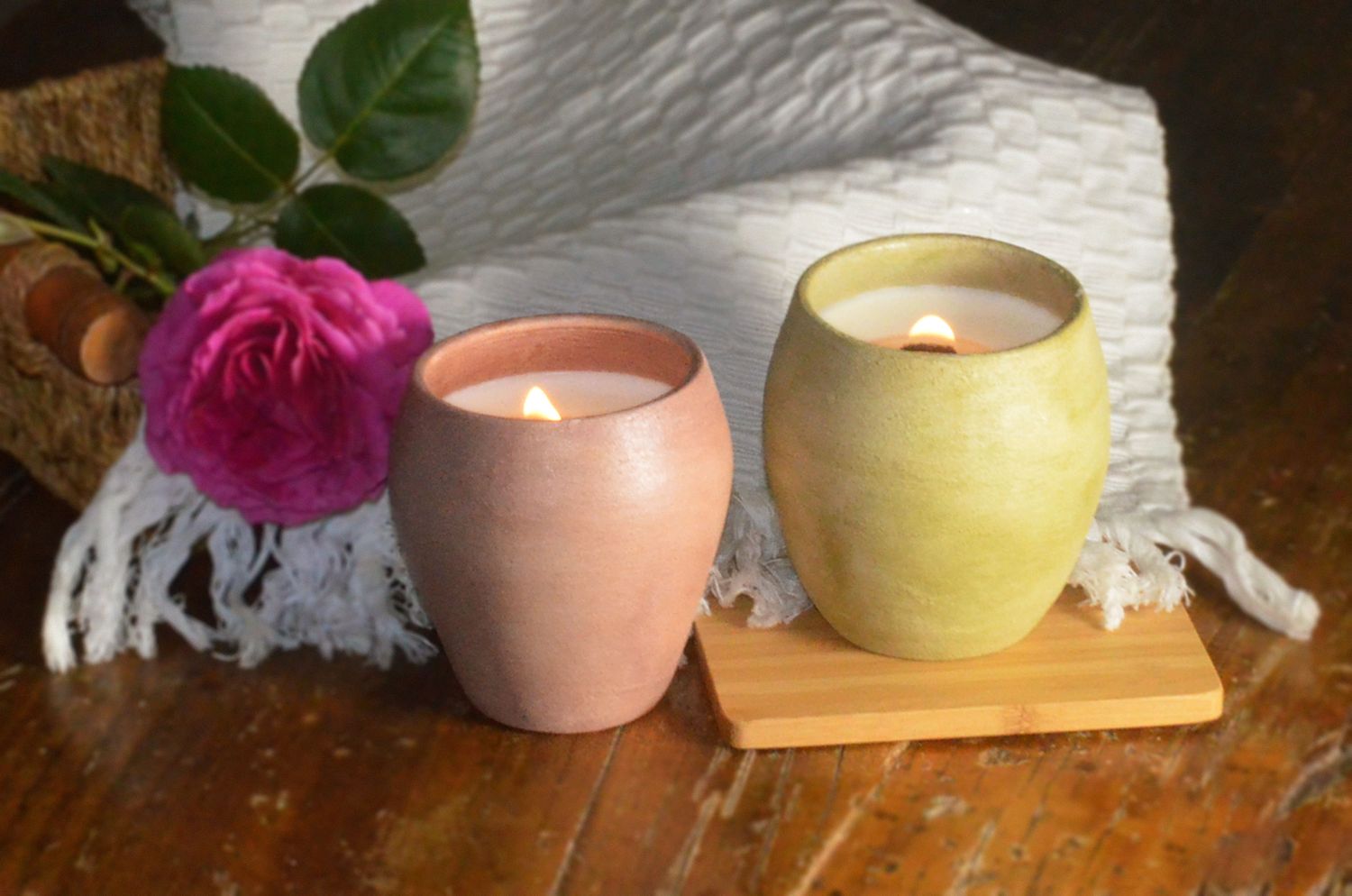 Set of 2 Hand-Painted Terracotta Soy-Coconut Candles, 8 oz. each, available in 3 Fragrances/Colors.