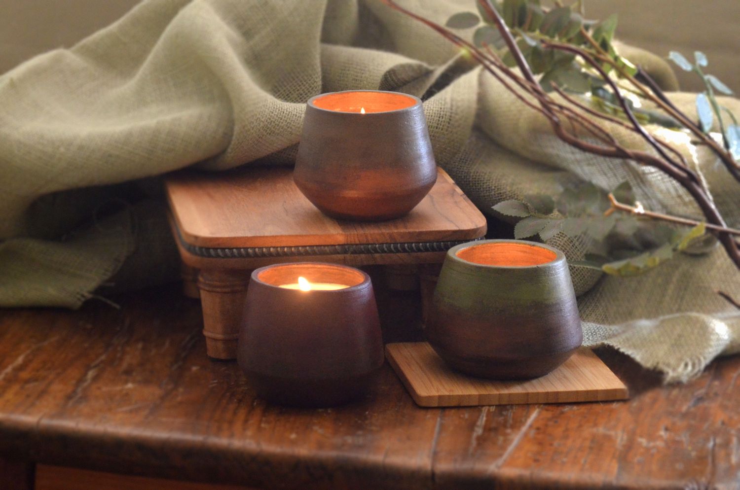Set of 3 Hand-Painted Terracotta Soy-Coconut Candles, 13 oz. each, available in 3 Fragrances/Colors