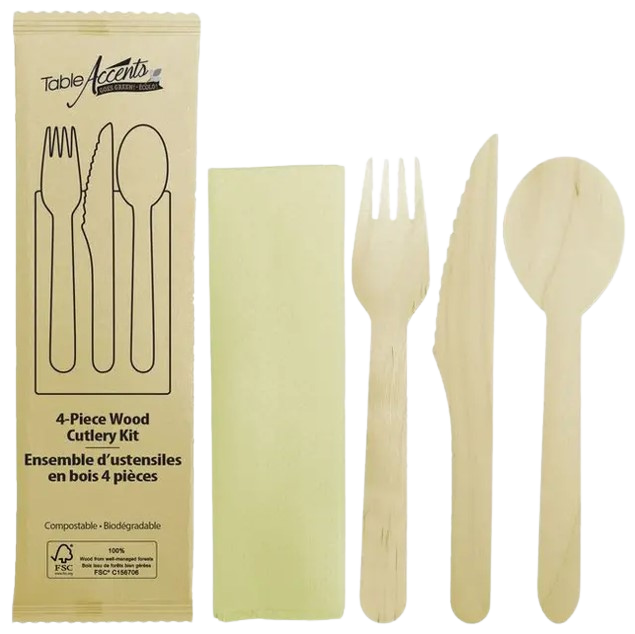 Birch Wood 4-Piece Food Kit - Fork, Knife, Spoon &amp; Napkin