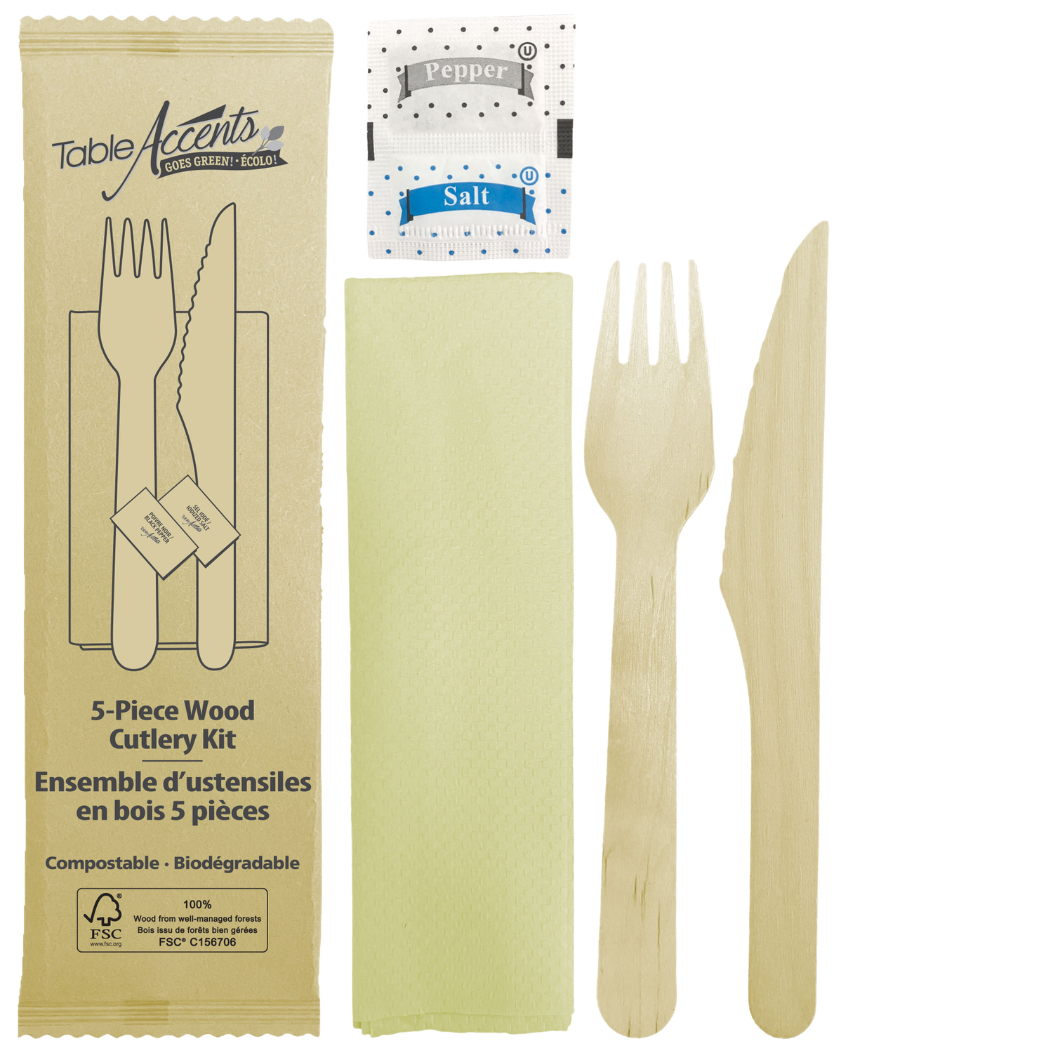 Birch Wood 5-Piece Food Kit - Fork, Knife, Napkin, Salt &amp; Pepper Packet