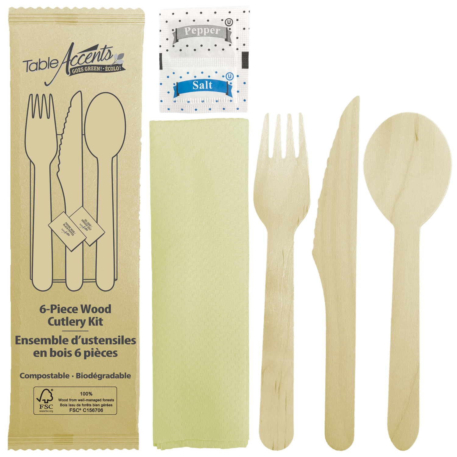 Birch Wood 6-Piece Food Kit - Fork, Knife, Spoon, Napkin, Salt &amp; Pepper Packet