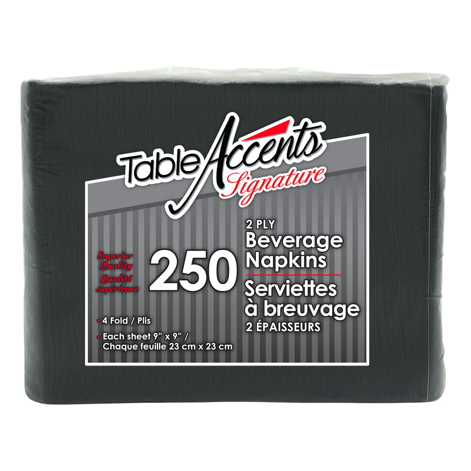 Beverage Napkins - 9” x 9” - 2 ply - 4 Fold - Black - 250Pk