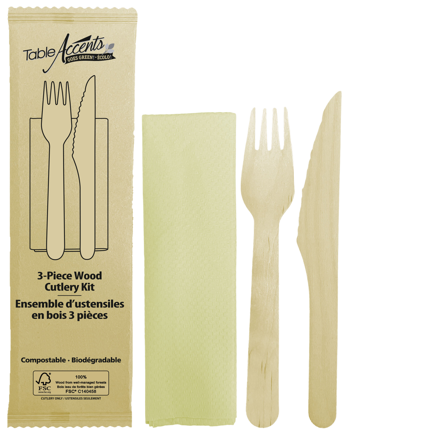Birch Wood 3-Piece Food Kit - Fork, Knife &amp; Napkin