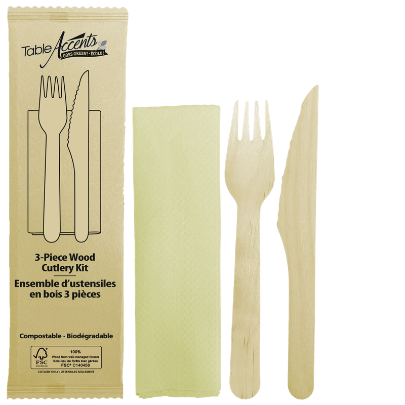 Birch Wood 3-Piece Food Kit - Fork, Knife &amp; Napkin