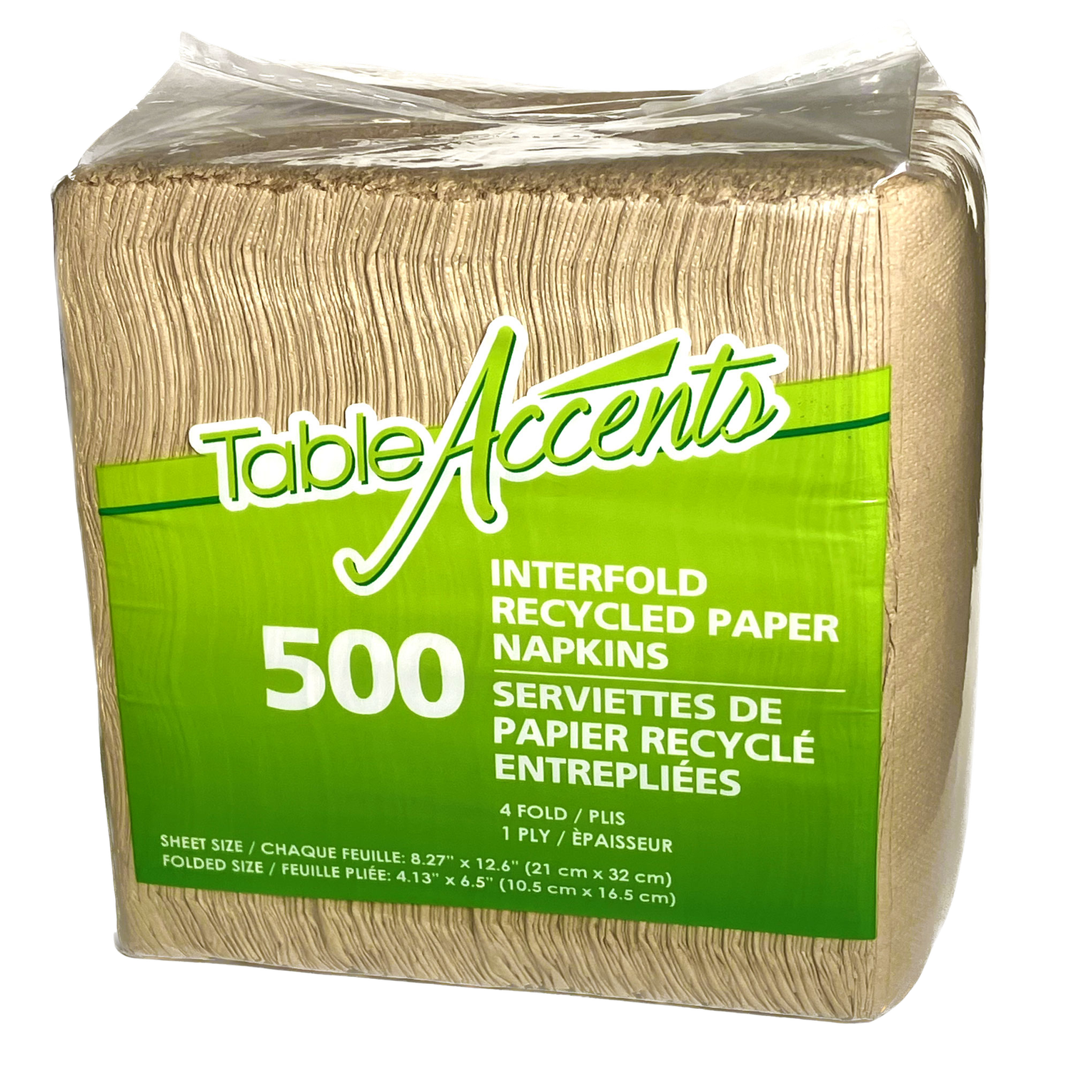 Interfold Recycled Paper Napkins - 8.27” x 12.6” - 1 ply - 4 Fold - Kraft - 500Pk