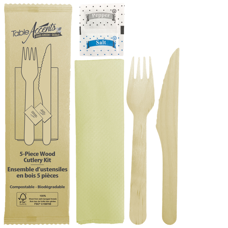 Birch Wood 5-Piece Food Kit - Fork, Knife, Napkin, Salt &amp; Pepper Packet