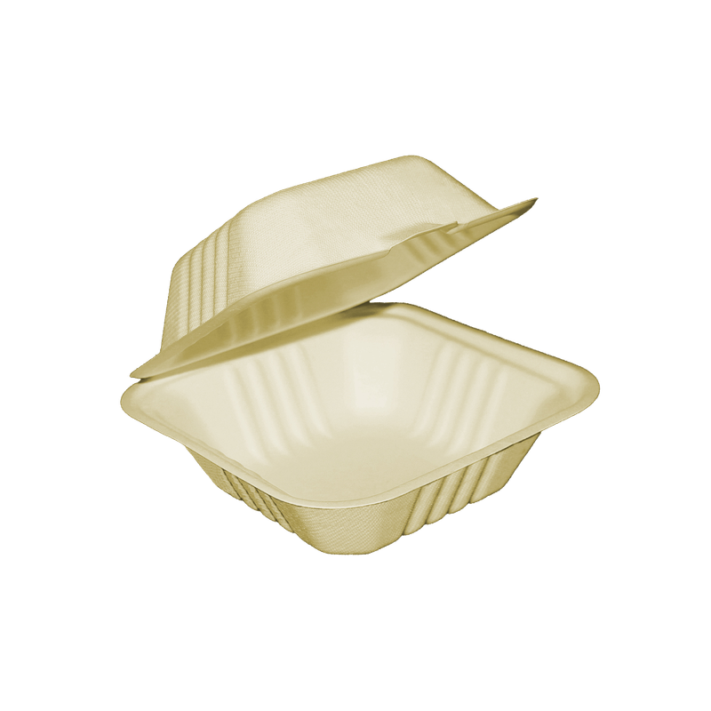 Compostable Clamshell Containers - 6” x 6” x 3” - Bagasse