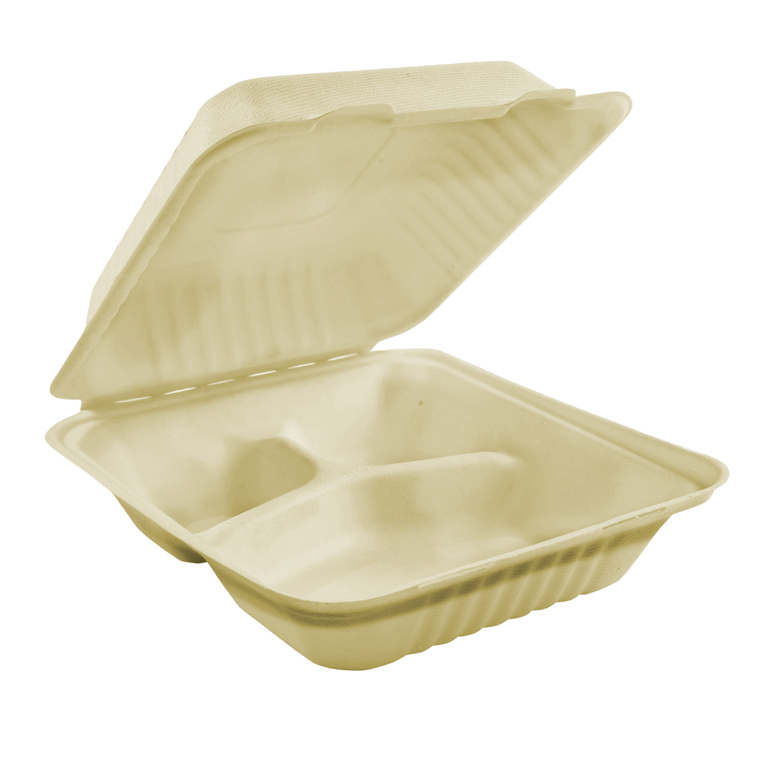 Compostable Clamshell Containers - 8” x 8” x 3” - Bagasse - 3 Compartment