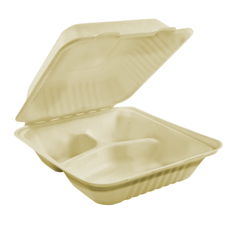 Compostable Clamshell Containers - 8” x 8” x 3” - Bagasse - 3 Compartment
