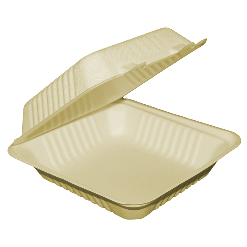 Compostable Clamshell Containers - 9” x 9” x 3” - Bagasse