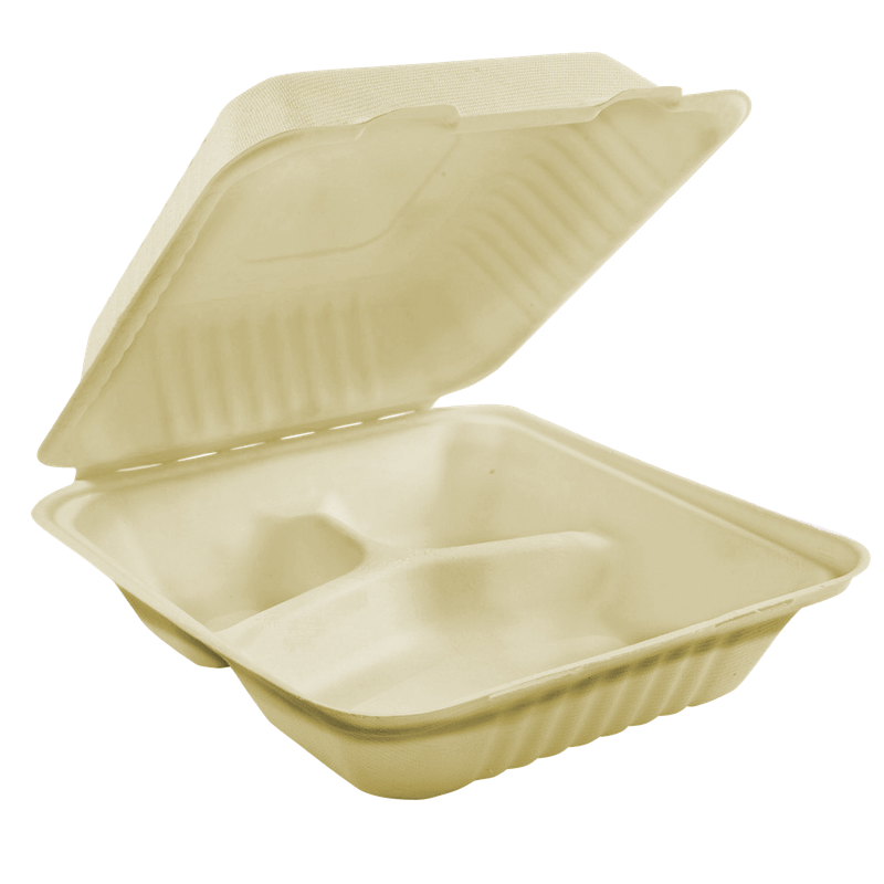 Compostable Clamshell Containers - 9” x 9” x 3” - Bagasse - 3 Compartment