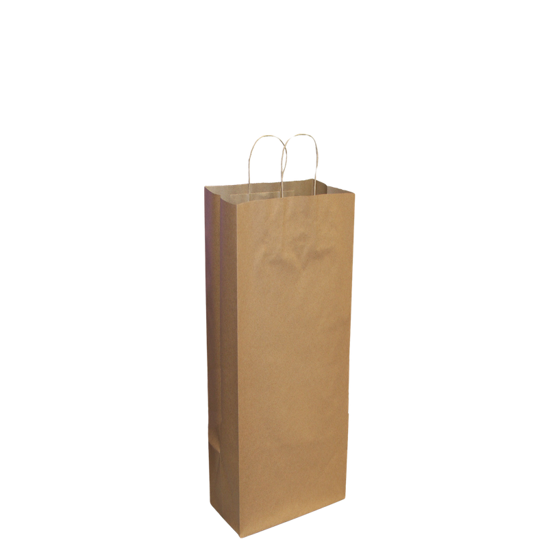 Paper Wine Bottle Bags with Twisted Handles - 5.25” x 3.25” x 13” - Kraft