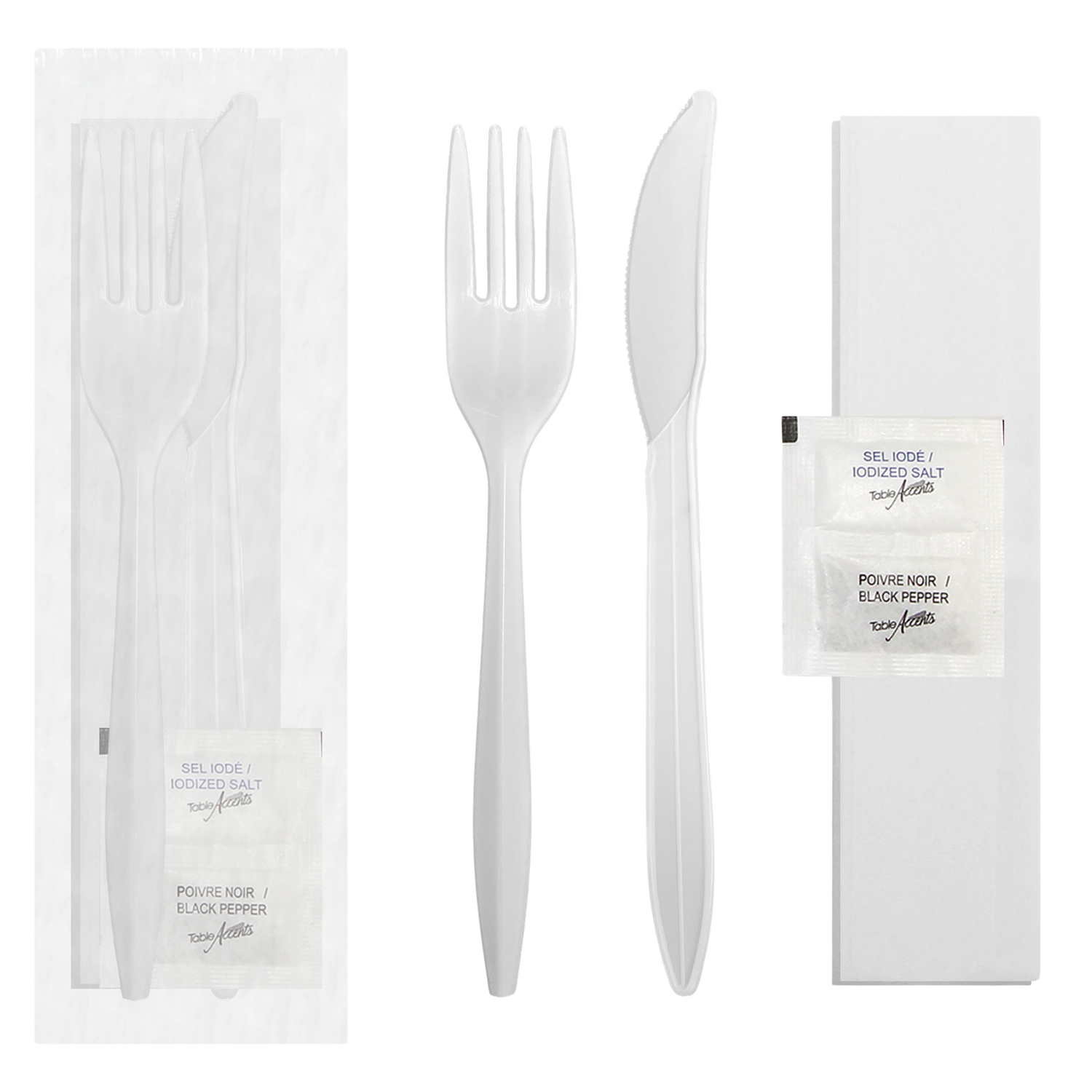 Plastic 5-Piece Food Kit - Fork, Knife, Napkin, Salt &amp; Pepper Packet