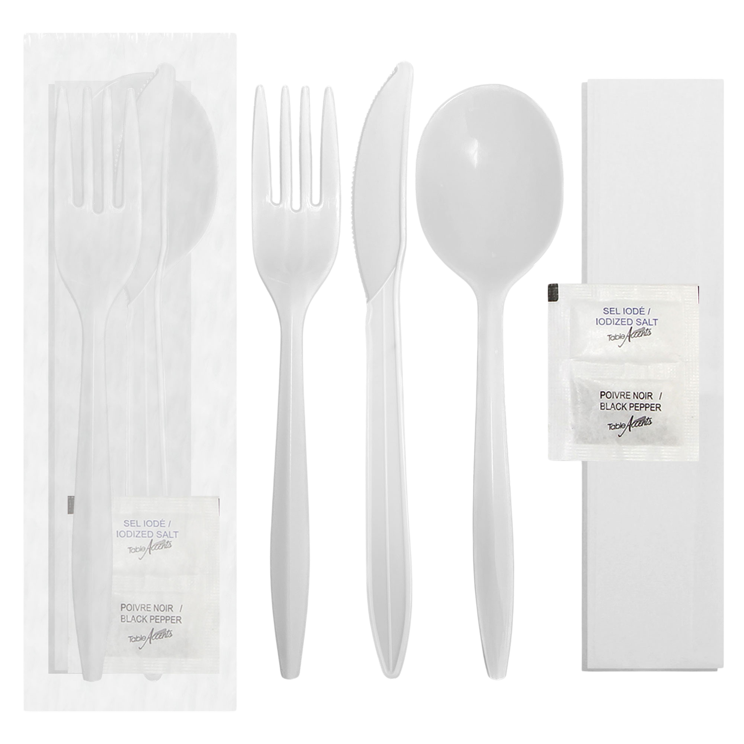 Plastic 6-Piece Food Kit - Fork, Knife, Soup Spoon, Napkin, Salt &amp; Pepper Packet