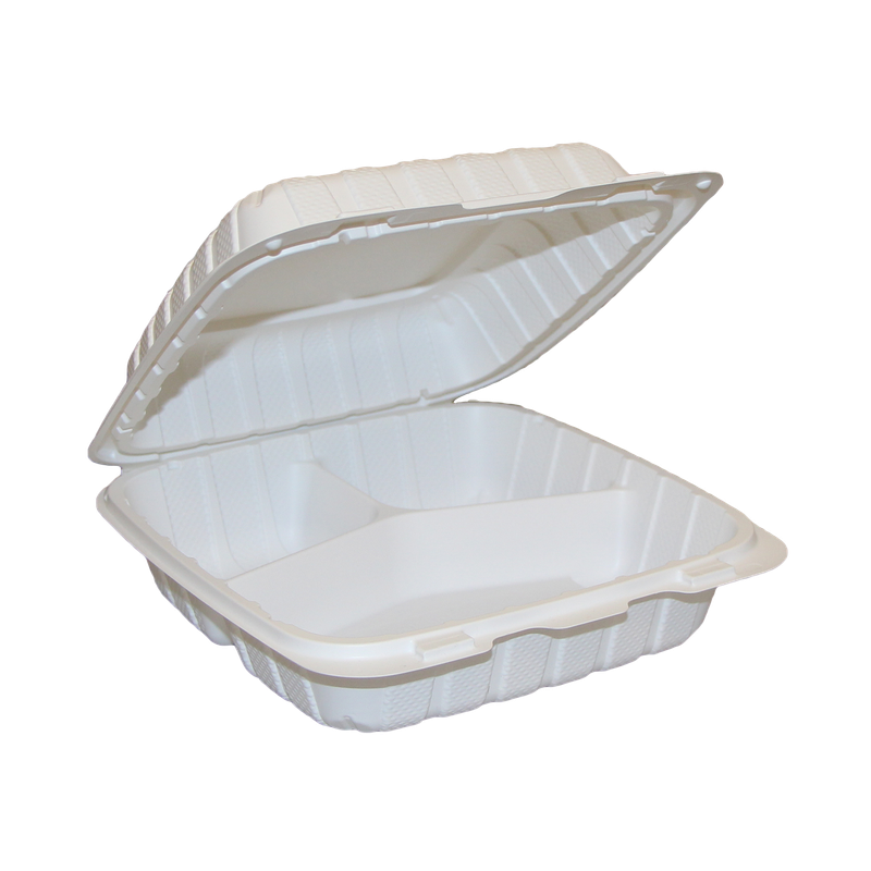 Mineral Filled Polypropylene (MFPP) Hinged Containers – ECONO – 8″ x 8″ x 3″ – 3 Compartment
