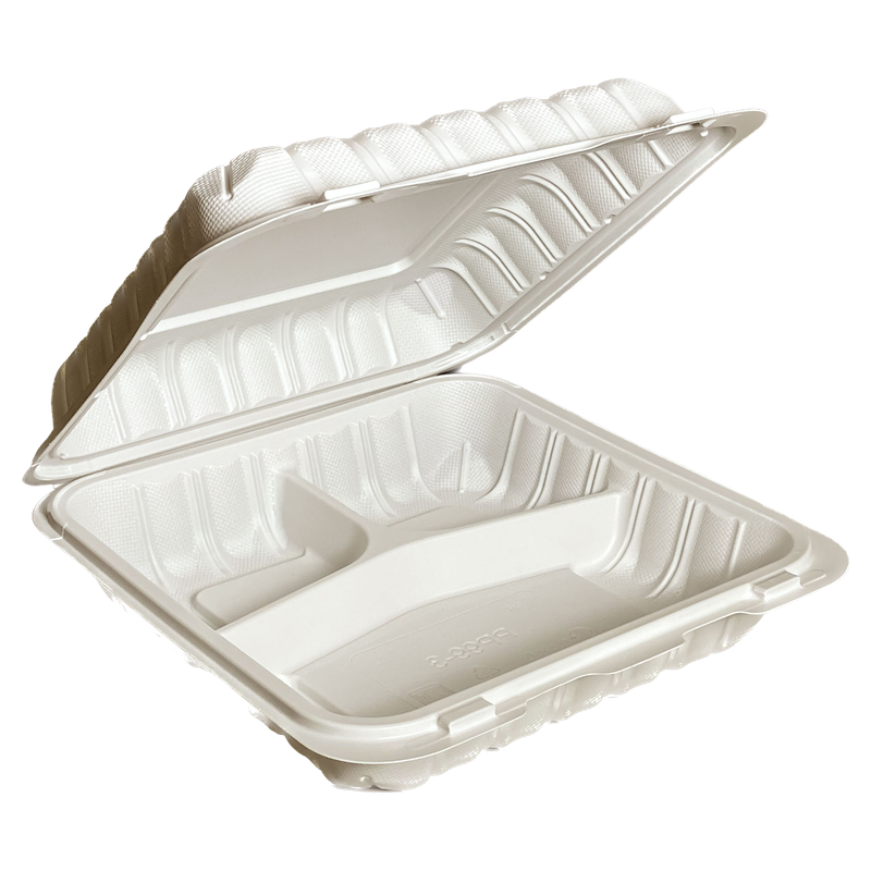 Mineral Filled Polypropylene (MFPP) Hinged Containers – ECONO - 9″ x 9″ x 3″ - 3 Compartment