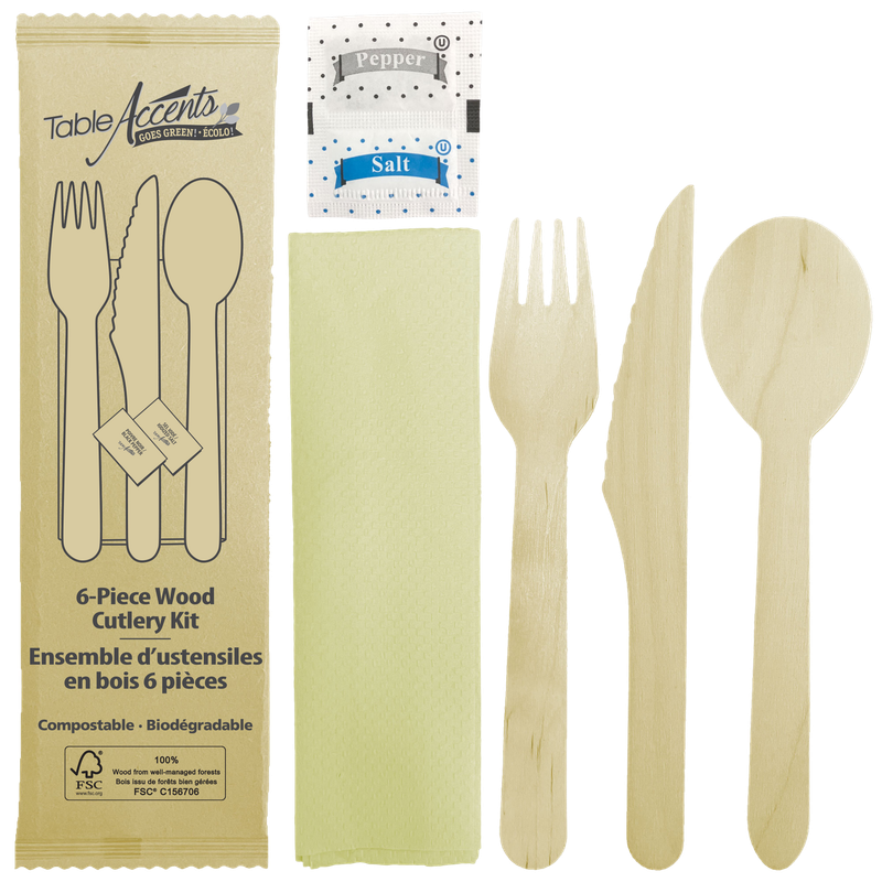 Birch Wood 6-Piece Food Kit - Fork, Knife, Spoon, Napkin, Salt &amp; Pepper Packet