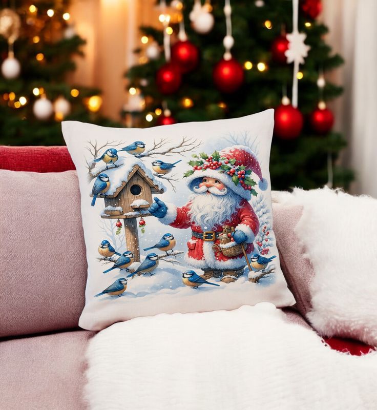 Kerstdecoratie kussen met Kerstman en vogeltjes