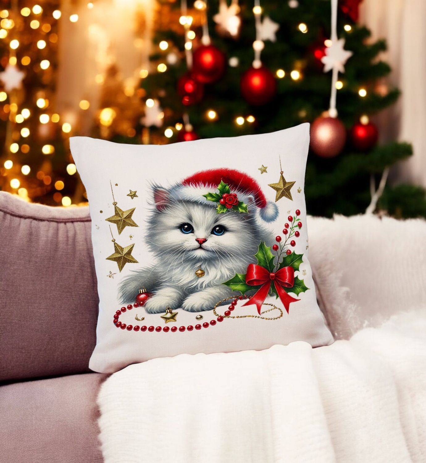 Kerstdecoratie kussen met schattig katje