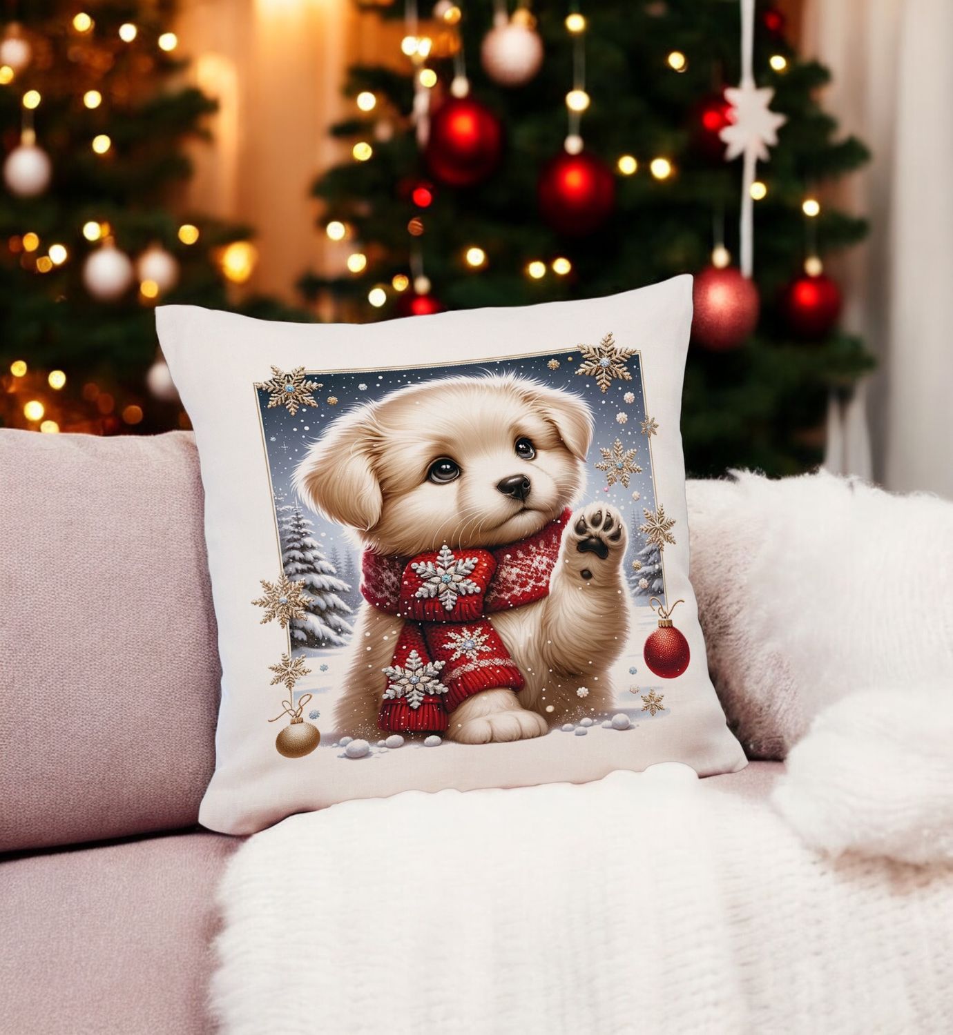 Kerstdecoratie kussen met schattig hondje