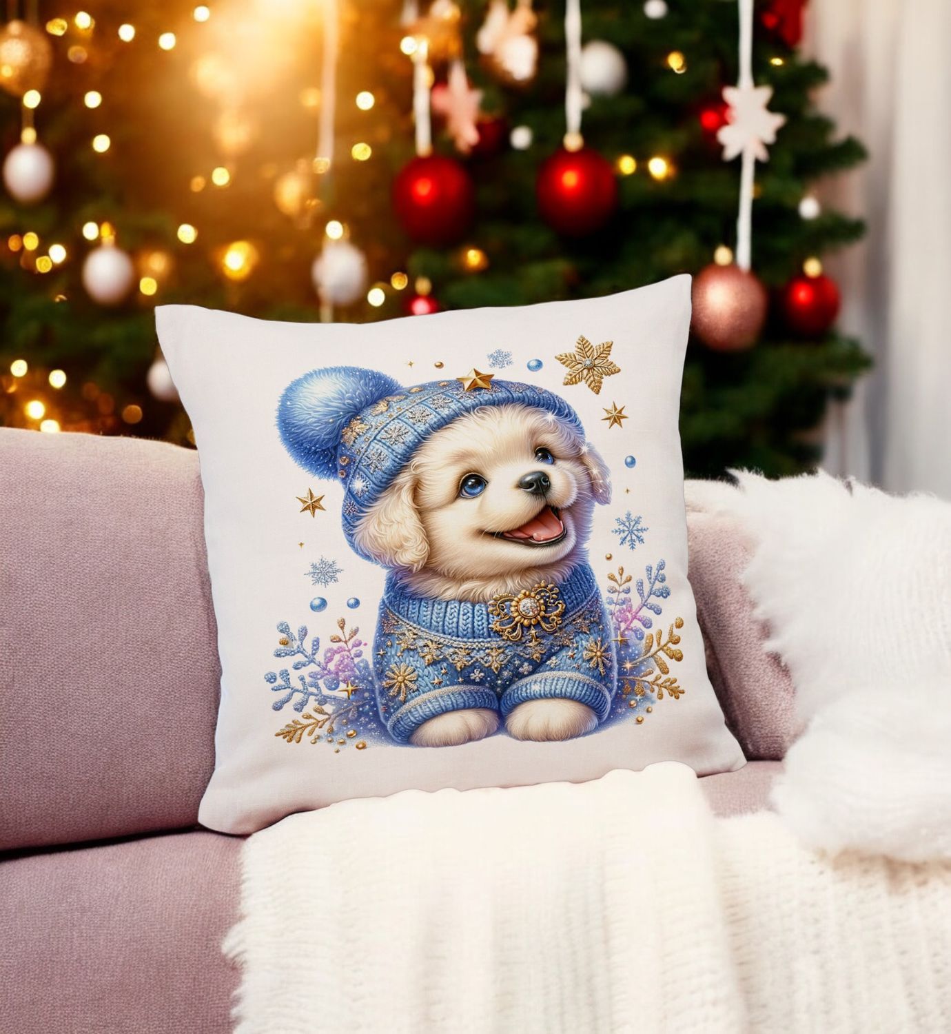 Kerstdecoratie kussen vrolijke puppie