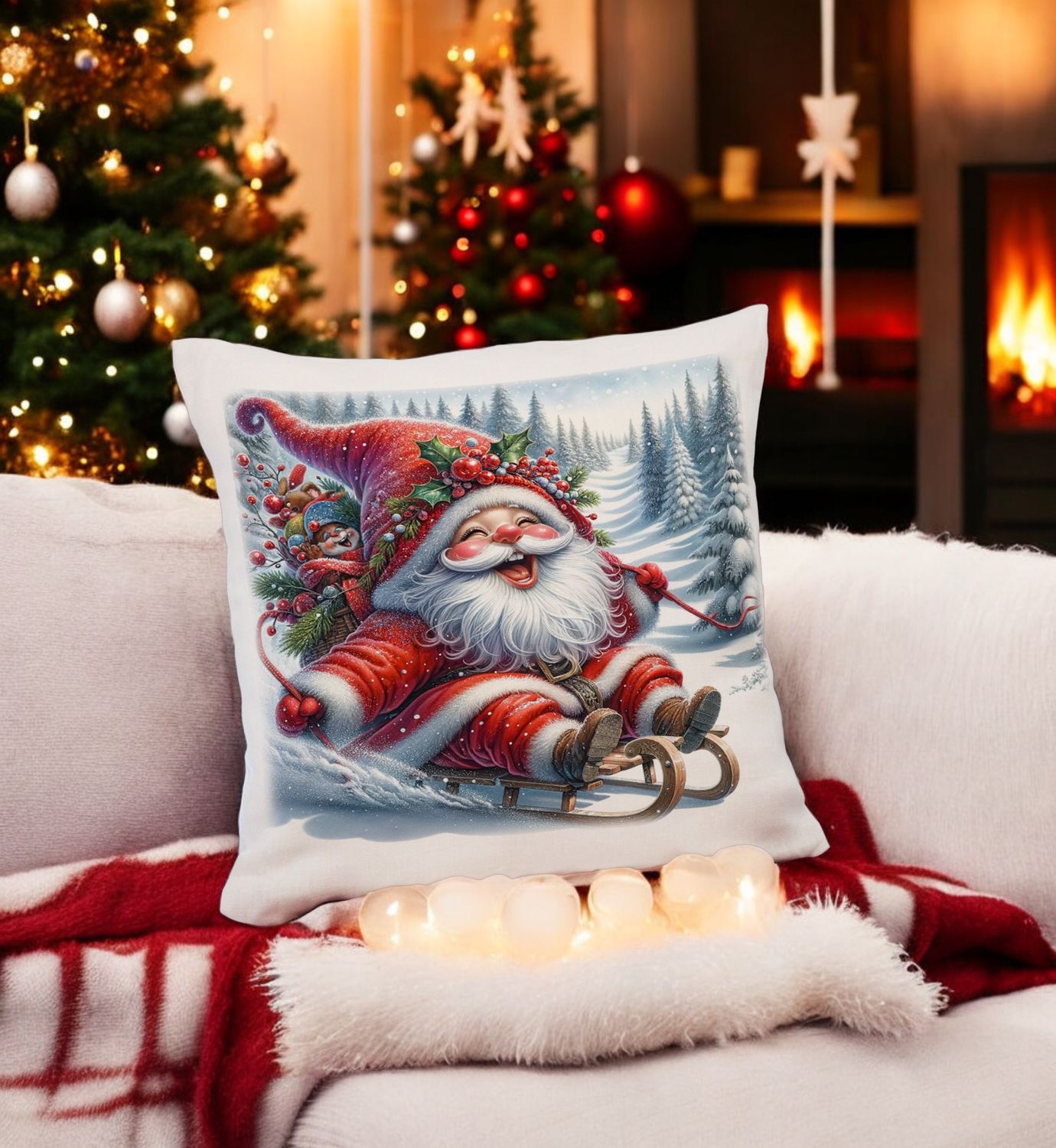 Kerst Kussenhoes met Schaatsende Kerstman – Winterse Decoratie