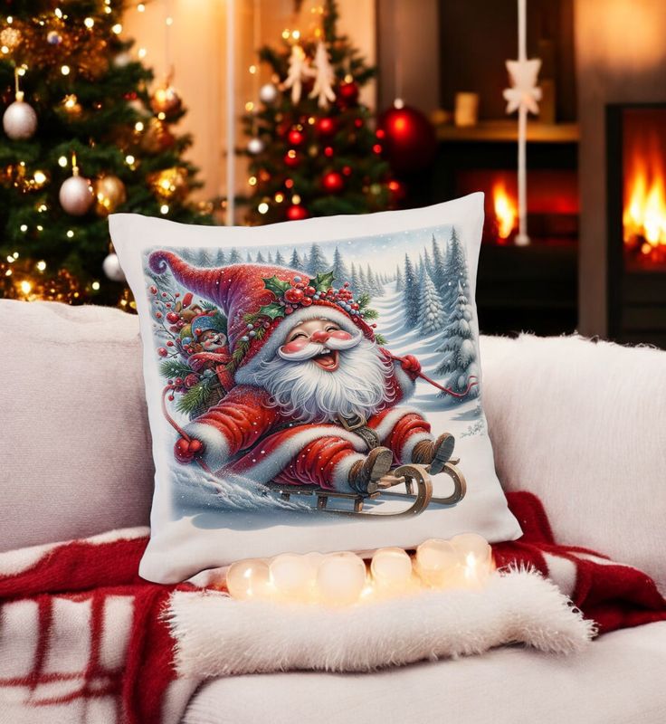 Kerst Kussenhoes met Schaatsende Kerstman – Winterse Decoratie