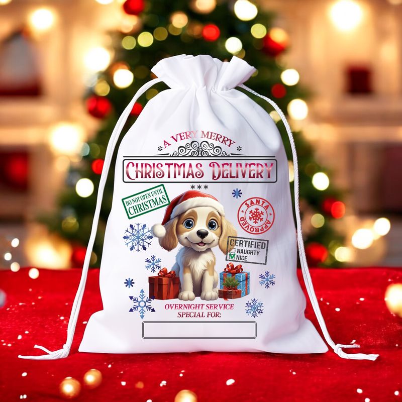 Kerst Cadeauzak met Schattige Puppy Print – Gepersonaliseerde Santa Zak