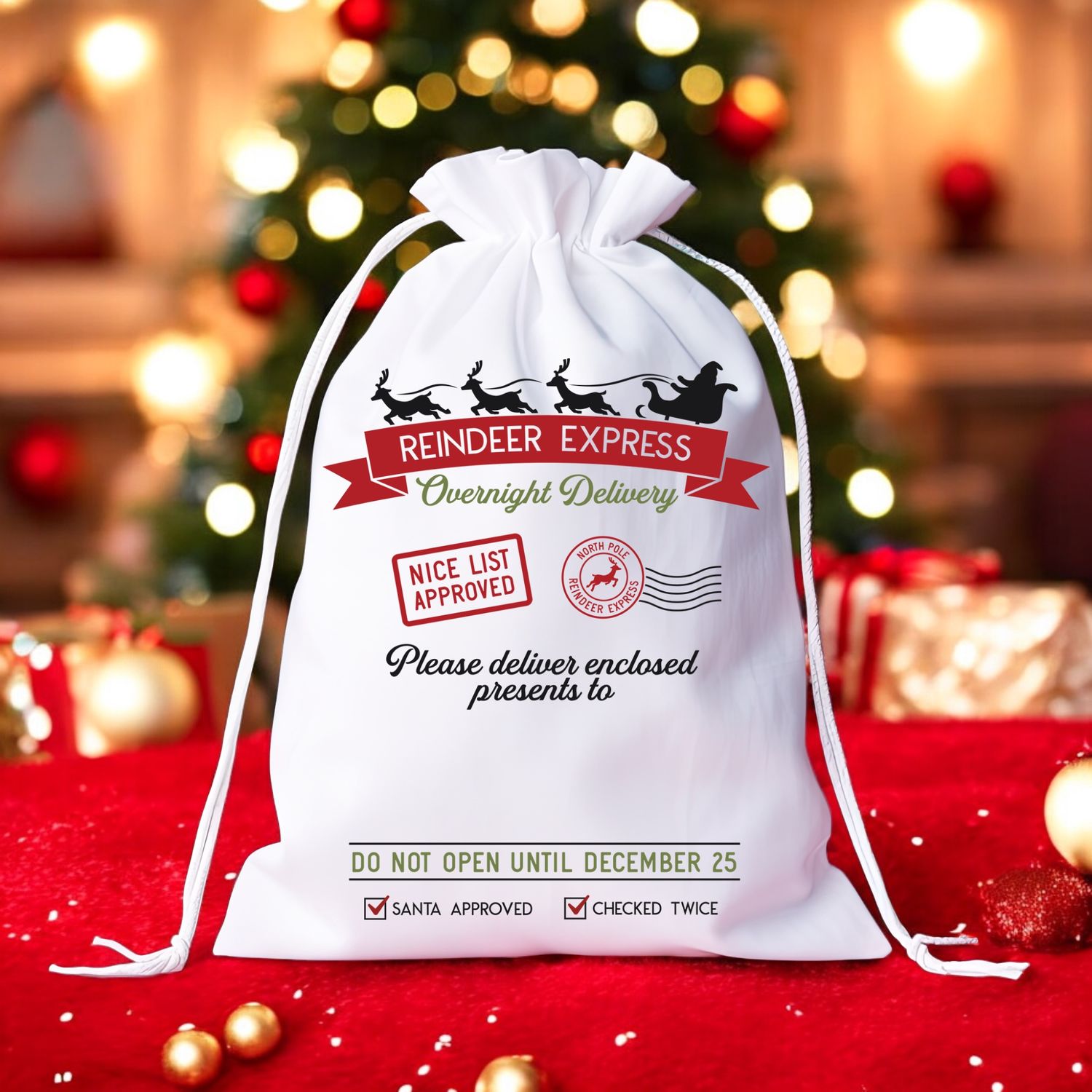 Reindeer Express Cadeautas – Magische Gepersonaliseerde Kerstzak voor Feestelijke Cadeaus