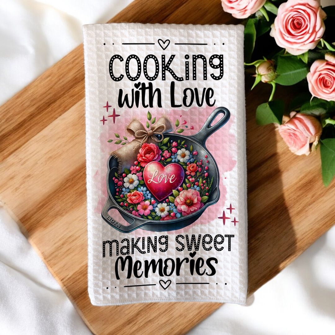Keukenhanddoek met de tekst &#39;Cooking with Love, Making Sweet Memories&#39;, voorzien van een illustratie van een gietijzeren pan gevuld met kleurrijke bloemen en een hart met de tekst &#39;Love&#39;. Perfect voor Valentijn.