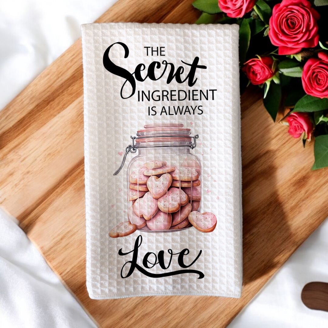 Keukenhanddoek met de tekst &#39;The Secret Ingredient Is Always Love&#39;, versierd met een illustratie van een glazen pot gevuld met roze hartvormige koekjes. Perfect als Valentijnscadeau en keukenaccessoire.