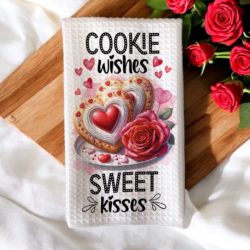 Valentijns-keukenhanddoek met hartvormige koekjes, rode rozen en tekst “Cookie Wishes, Sweet Kisses” op een houten ondergrond met bloemen.