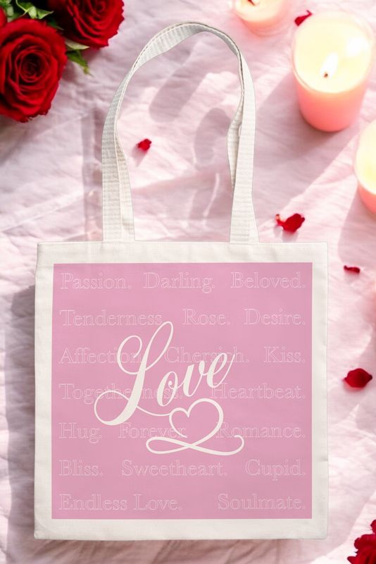 Roze katoenen totebag met het woord &#39;Love&#39; en romantische liefdeswoorden, perfect als Valentijnscadeau.