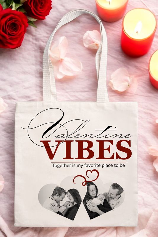 Gepersonaliseerde katoenen totebag met tekst &#39;Valentine Vibes&#39; en twee hartvormige foto’s, ideaal als Valentijnscadeau.
