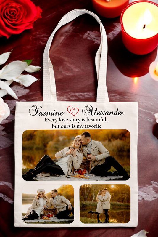 Gepersonaliseerde totebag met foto&#39;s van een verliefd stel, namen &quot;Yasmine &amp; Alexander&quot; en de tekst &quot;Every love story is beautiful, but ours is my favorite.