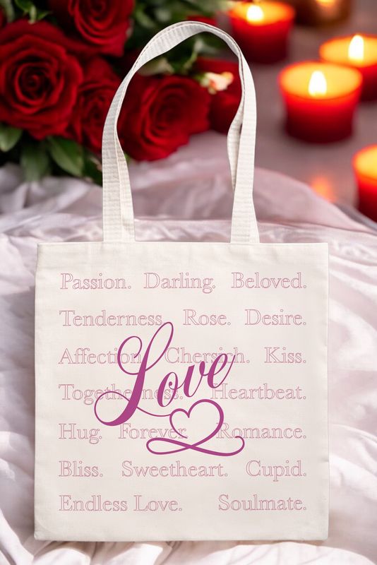 Romantische totebag met woorden zoals &quot;Passion,&quot; &quot;Beloved,&quot; en &quot;Love,&quot; centraal geplaatst met een hartje.