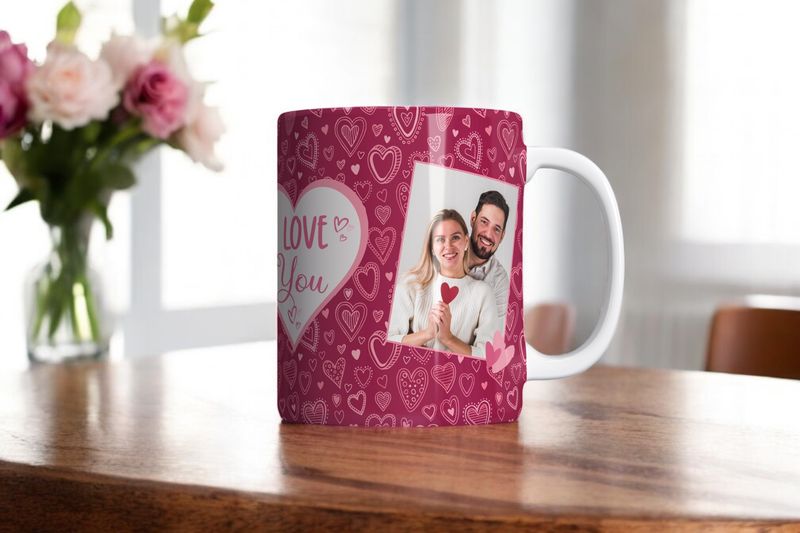 Donkerroze Valentijnsmok met hartjes en &quot;Love You&quot;-tekst, gepersonaliseerd met een foto van een koppel, geplaatst op een houten tafel in een gezellige setting.