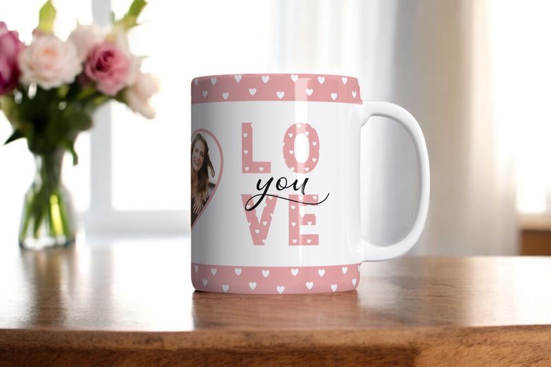 Personaliseerbare Valentijnsmok met roze accenten, hartvormige patronen en de tekst &#39;LOVE you&#39;, inclusief ruimte voor een eigen foto.