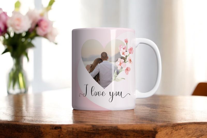 Romantische Valentijnsmok met pastelontwerp, bloemen, hartvormig foto-vlak en de tekst &#39;I love you&#39;.