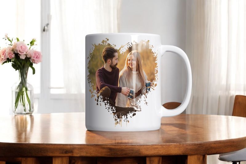 Personaliseerbare Valentijnsmok met groot hart en penseelachtige accenten, inclusief ruimte voor een persoonlijke foto. Ideaal als romantisch cadeau.
